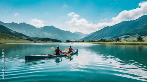 Adventurous shot features kids canoeing on a serene lake