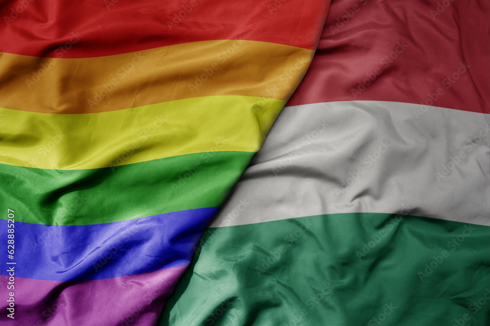 Obraz premium big waving realistic national colorful flag of hungary and rainbow gay pride flag .