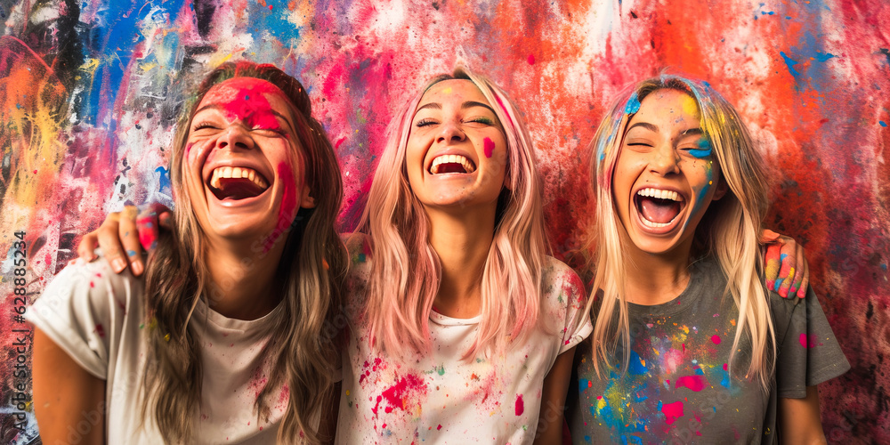 Obraz premium Captivating scene of three joyous female artists, speckled with paint, sharing a laugh over their mutual masterpiece amid a vibrant, color-splashed background. Generative AI