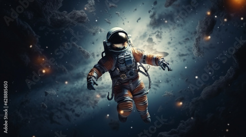 Astronaut's Cosmic Dance: Planets in Balanced Chaos Against the Void