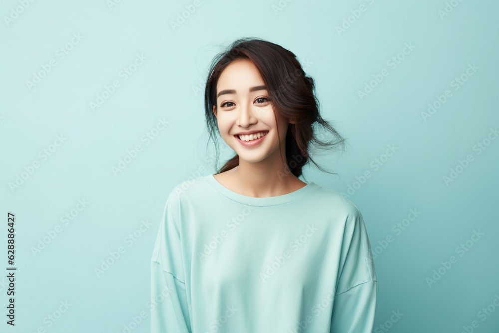 Asian young woman in casual clothes on a light blue background studio portrait