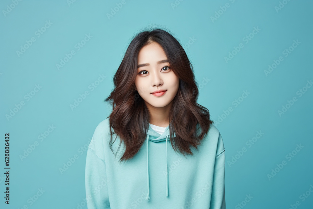 Asian young woman in casual clothes on a light blue background studio portrait Asian young woman in casual clothes on a light blue background studio portrait