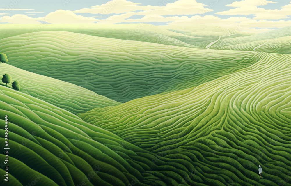 Unreal surreal green landscape with hills and fields Unreal surreal green landscape with hills and fields