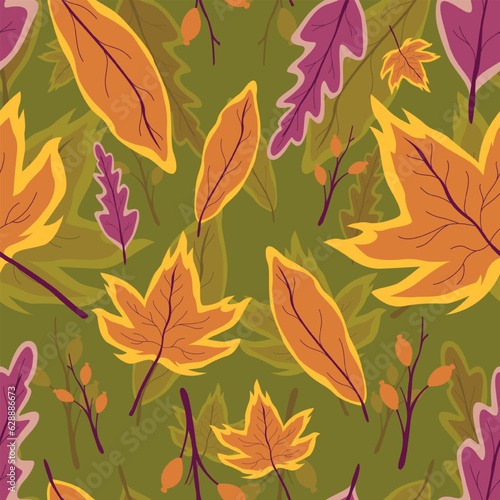 Creative Autumn Seamless Pattern With Simple Leaves And Plants, Vector Illustration