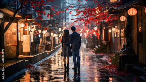 Asian couple in the rain in a traditional and illuminated street in Japan. Couple travel concept, red leaf in japan and autumn and rainy seasons photo