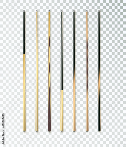 Cues for billiard, snooker realistic templates. Wooden sticks with various design for cuesports. Vector