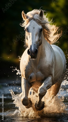 AI generated illustration of a majestic white horse galloping across a picturesque river