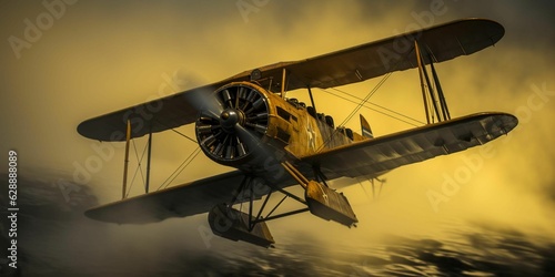 AI generated illustration of a vintage aircraft is soaring through a picturesque sky © Ray208/Wirestock Creators