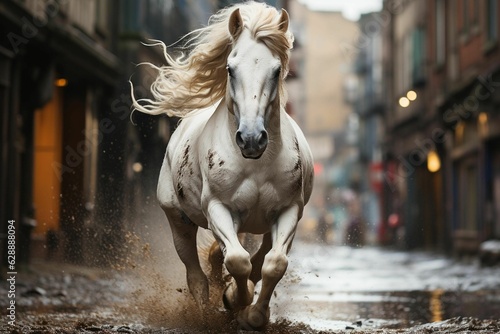 AI generated illustration of amajestic white horse galloping across a pond on the street