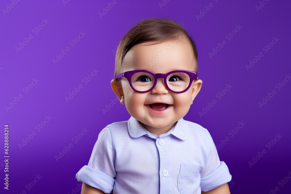 cute happy baby with glasses on purple background, generative ai