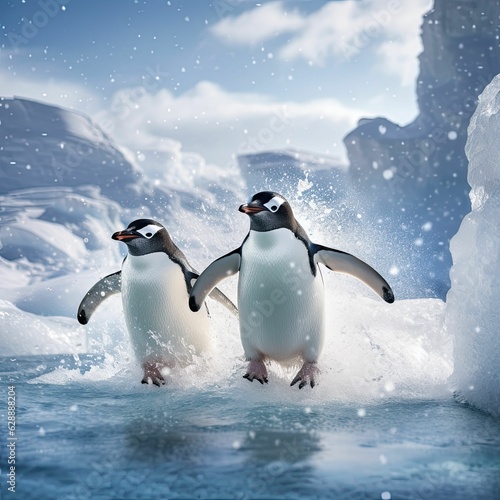 AI generated illustration of penguins waddling in the water around an icy floating iceberg