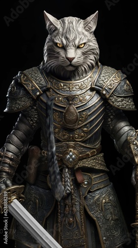 AI generated illustration of a majestic cat wearing an ornate suit of armor and gripping a sword