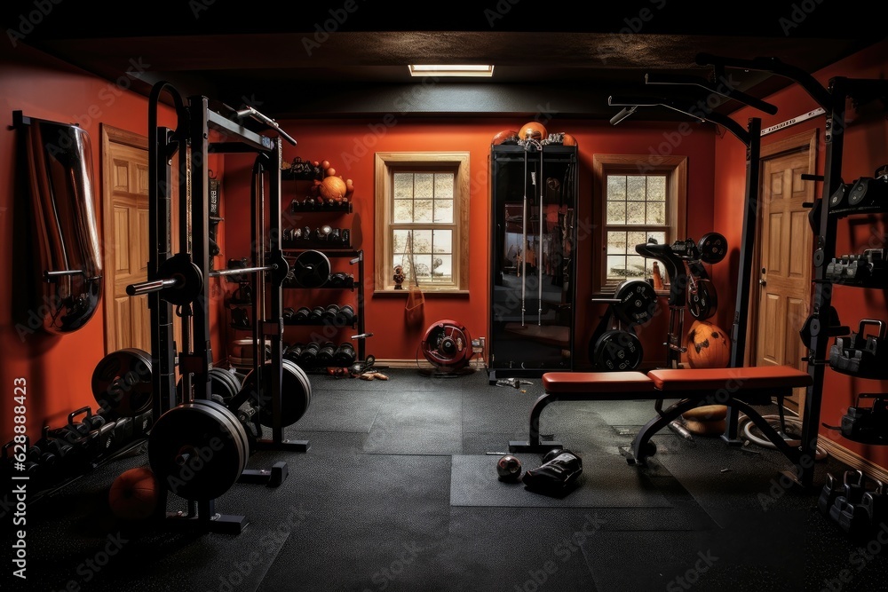 Dimly lit home gym with training equipment. AI-generated.