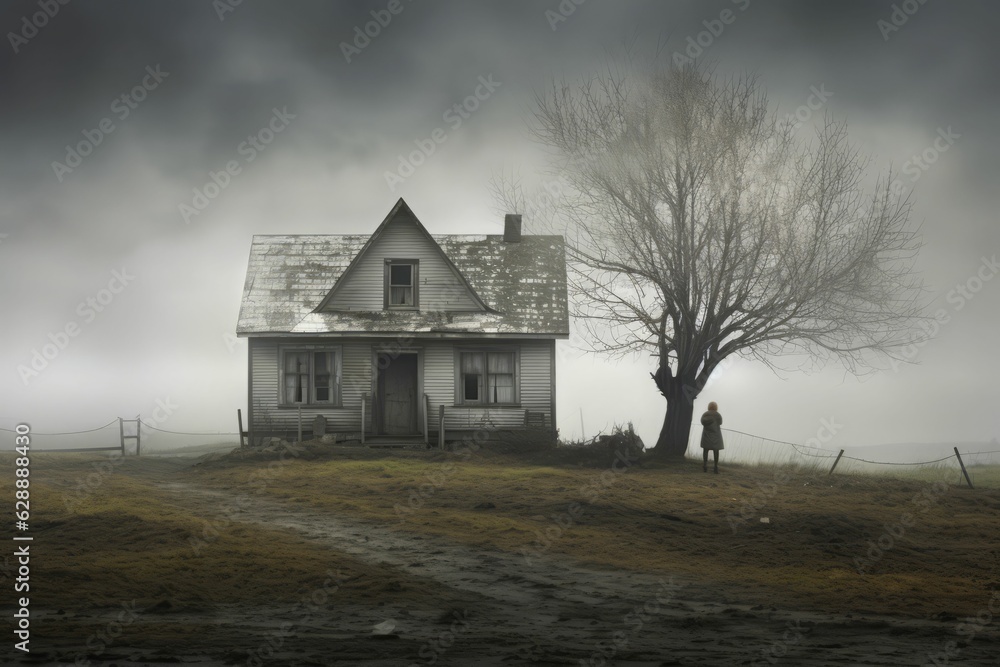 AI generated illustration of an old abandoned house on a cloudy day AI generated illustration of an old abandoned house on a cloudy day