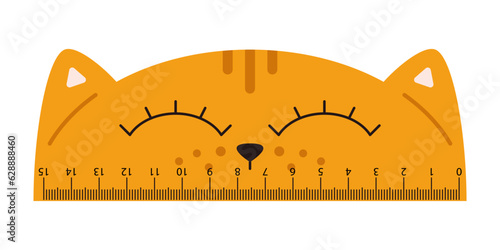 Vector cute cat measuring ruler. Student measuring tool with funny kitten. Cute school ruler with baby cat head. Centimeter scales.