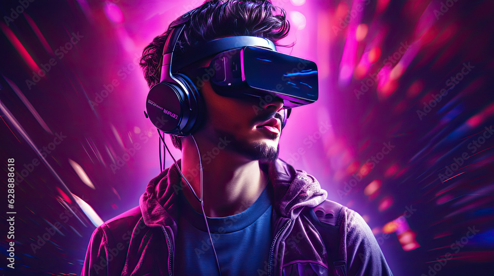 A man in a vr glasses in front of a neon background, in the style of cyberneticpunk. Genarative AI A man in a vr glasses in front of a neon background, in the style of cyberneticpunk. Genarative AI