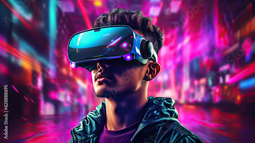 A man in a vr glasses in front of a neon background, in the style of cyberneticpunk. Genarative AI © Nhan