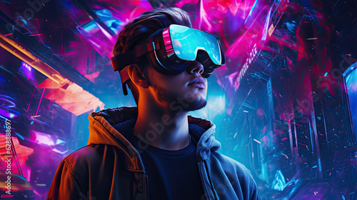 A man in a vr glasses in front of a neon background, in the style of cyberneticpunk. Genarative AI