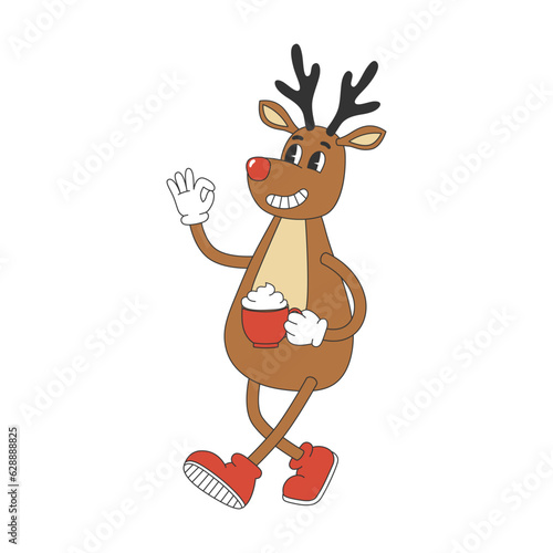 Groovy hippie reindeer with cup. Cartoon character in trendy retro style for Christmas design