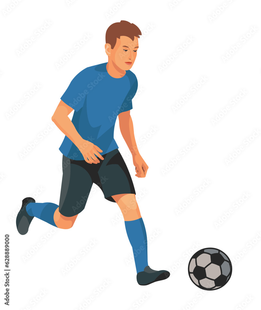 Teenager boy in blue t-shirt playing football running with the ball on the field during a training session or a junior competition
