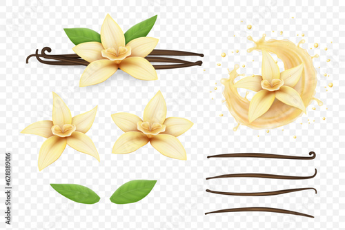 Vanilla flower. Milk splash, bean, pods and sticks, realistic isolated on transparent background elements, flavour cream, perfume aroma, liquid drops. Food and cosmetics packaging. Vector set