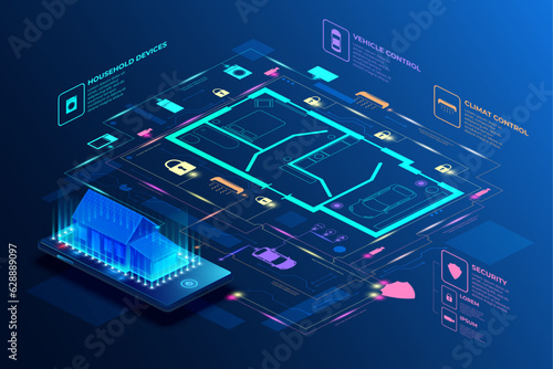 Smart home system. Apartment secure and management. Building IOT. Phone app. Digital house automation. Wifi connection with appliances. Internet technology. Vector design background