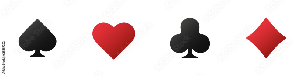 Hearts, clubs, diamonds and spades on an isolated white background. Set collection gambling sign symbol of playing card suits and chips for poker and casino.