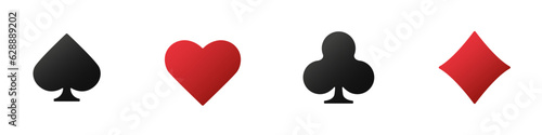 Hearts, clubs, diamonds and spades on an isolated white background. Set collection gambling sign symbol of playing card suits and chips for poker and casino.