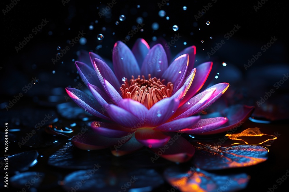 Beautiful pink water lily or lotus flower on dark background.Generative Ai Beautiful pink water lily or lotus flower on dark background.Generative Ai