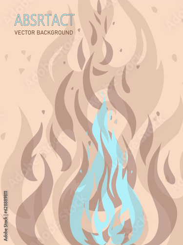 Abstract fire. Blue and beige colors. Background for poster or vertical banner. Blaze with smoke and sparks. Ignition backdrop with particles and sparkles. Vector flat illustration
