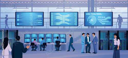 Data control. Room center. Operators in government. Computer security mission. Electronic equipment. Employees work with servers and database. Network technology. Vector illustration