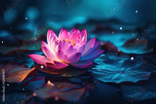 Beautiful pink water lily or lotus flower on dark background.Generative Ai