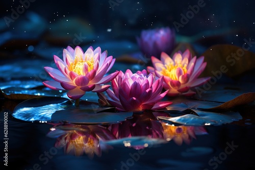 Beautiful pink water lily or lotus flower on dark background.Generative Ai