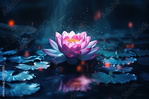 Beautiful pink water lily or lotus flower on dark background.Generative Ai