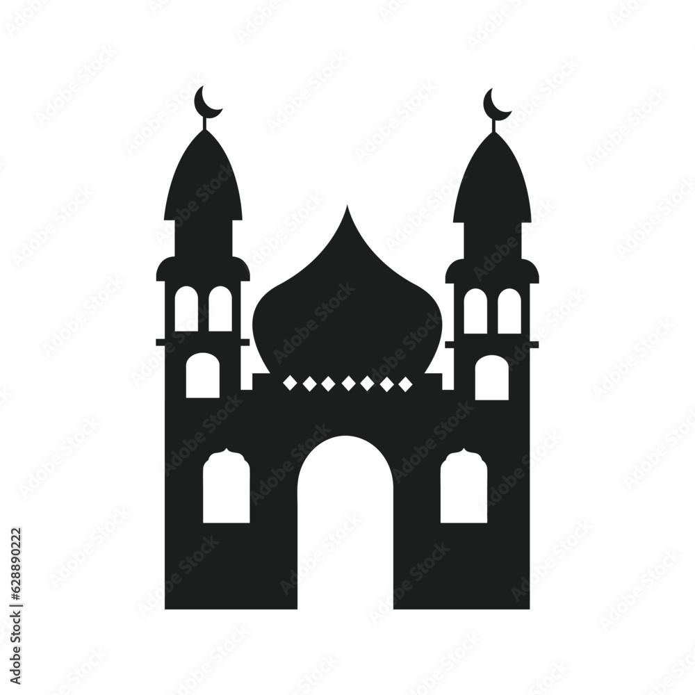 Mosque silhouette for Ramadhan Kareem. Mosque or masjid. Monochrome icons on white background. Muslim worship place symbol.