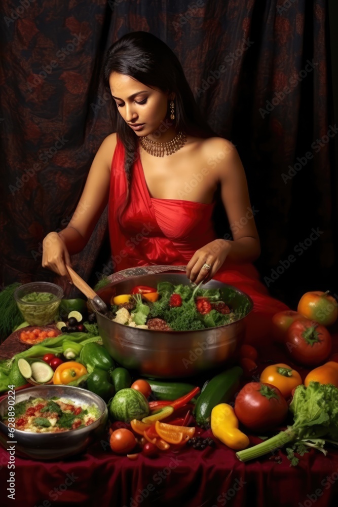 A woman in a red dress preparing a meal with a variety of fresh vegetables Fictional Character Created By Generative AI