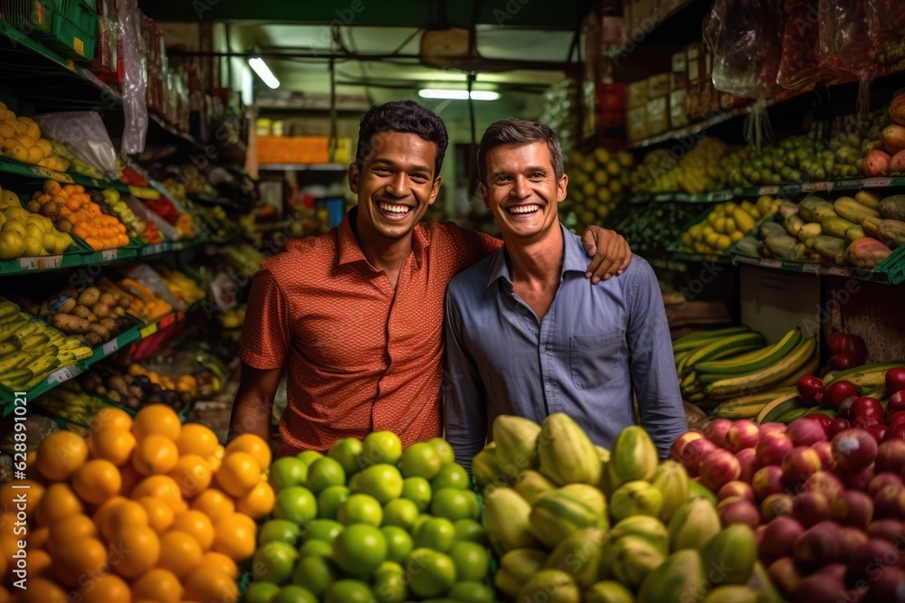 Two Men Posing with a Variety of Fresh Fruits at a Market Fictional Character Created By Generative AI