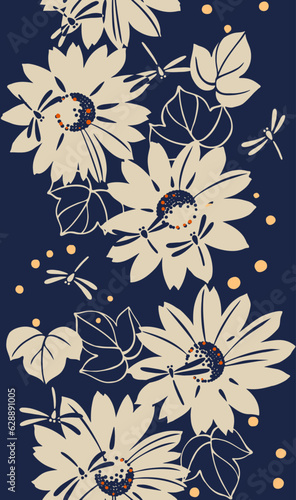 モダンな浴衣の和柄 パターン ひまわりとトンボ