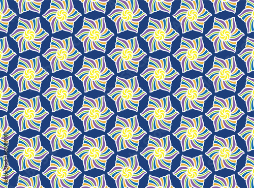 Fabric floral multicolor over blue graphic geometric abstract tribal vector illustration background wallpaper textile publication retro decor vintage classic tiled rug