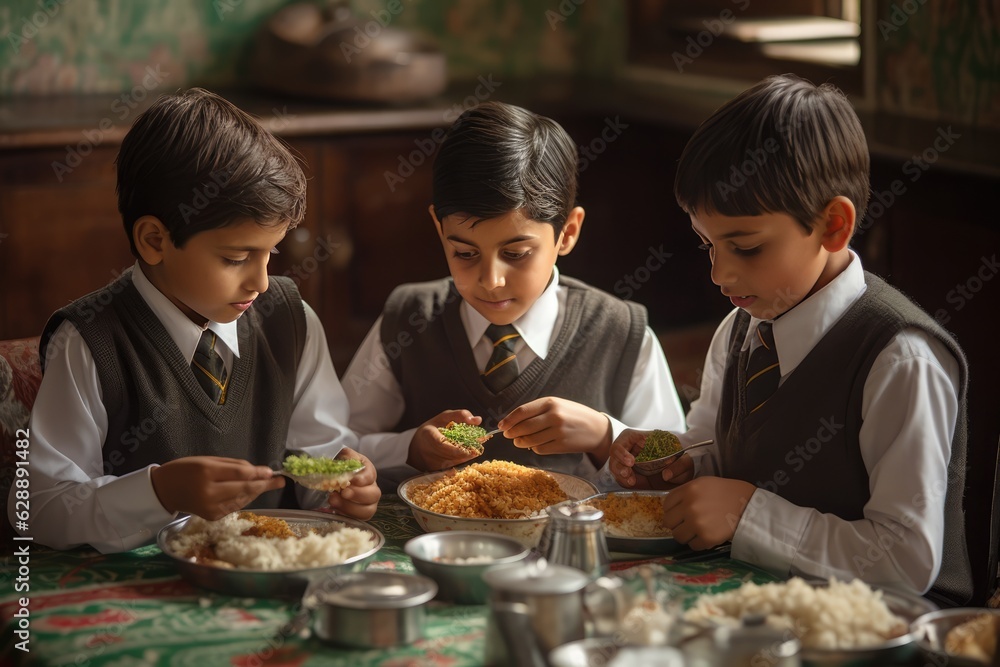 Three children sitting at a dining table eating food Fictional Character Created By Generative AI