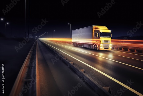 Truck driving on highway at night car, AI generated illustration