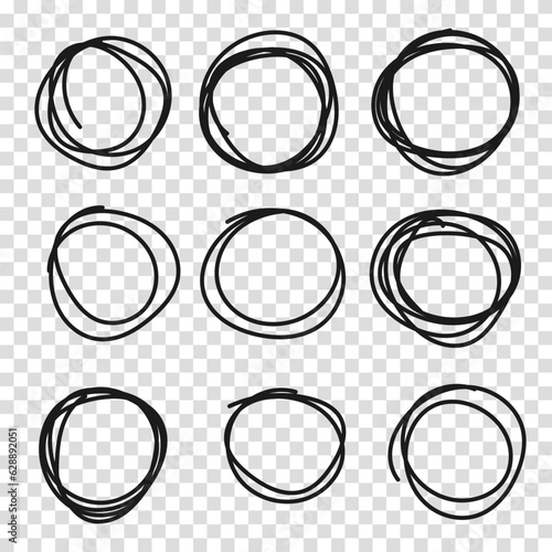 Hand drawn circle or oval line sketch set. Hand drawing circular scribble doodle round circles. Vector illustration for message note mark design element on a transparent background.