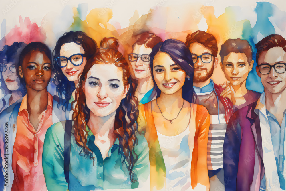 group of diverse young, people in watercolour painting on white background 