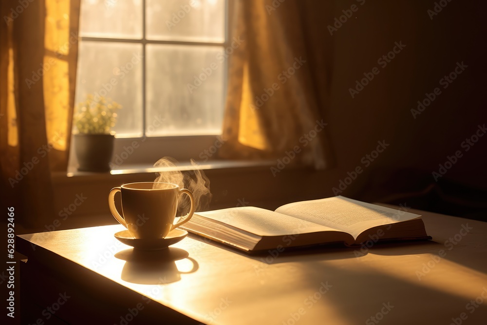 A cup of coffee and an open book - A reading break in the sunlight A cup of coffee and an open book - A reading break in the sunlight