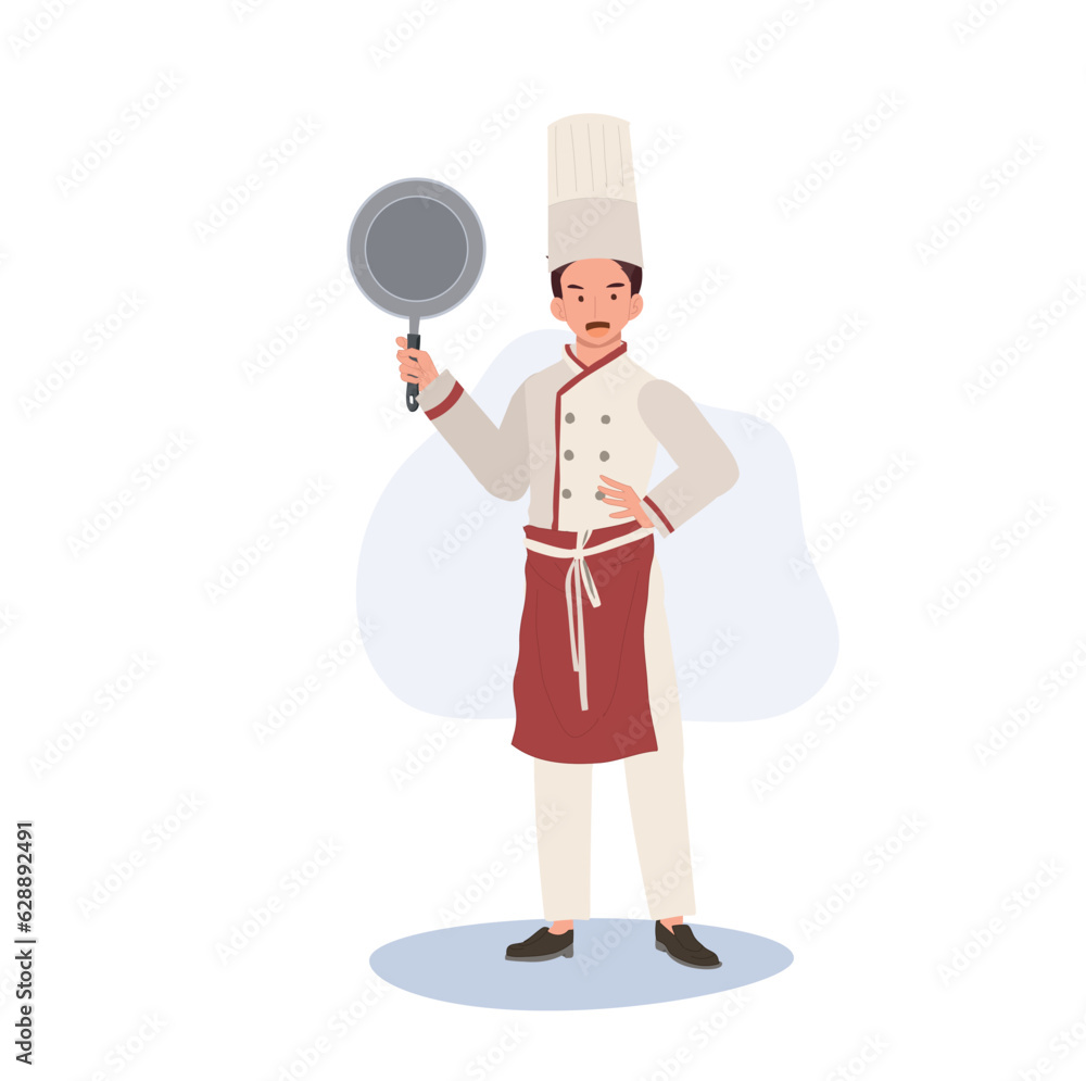 Full Length of Chef Illustration. Professional Male Chef in Chef Hat Holding Pan. Flat vector cartoon illustration Full Length of Chef Illustration. Professional Male Chef in Chef Hat Holding Pan. Flat vector cartoon illustration