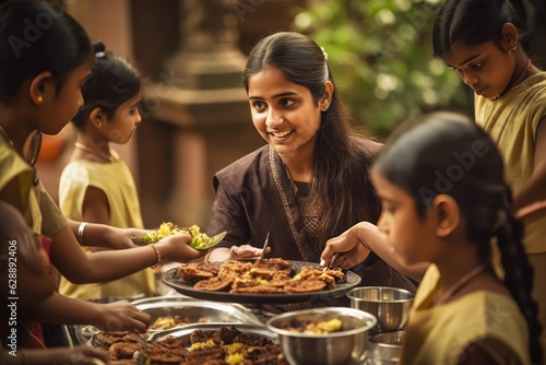 A young girl serves food to a group of children Fictional Character Created By Generative AI