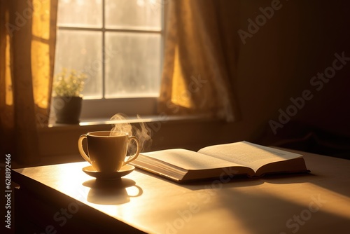 A cup of coffee and an open book - A reading break in the sunlight