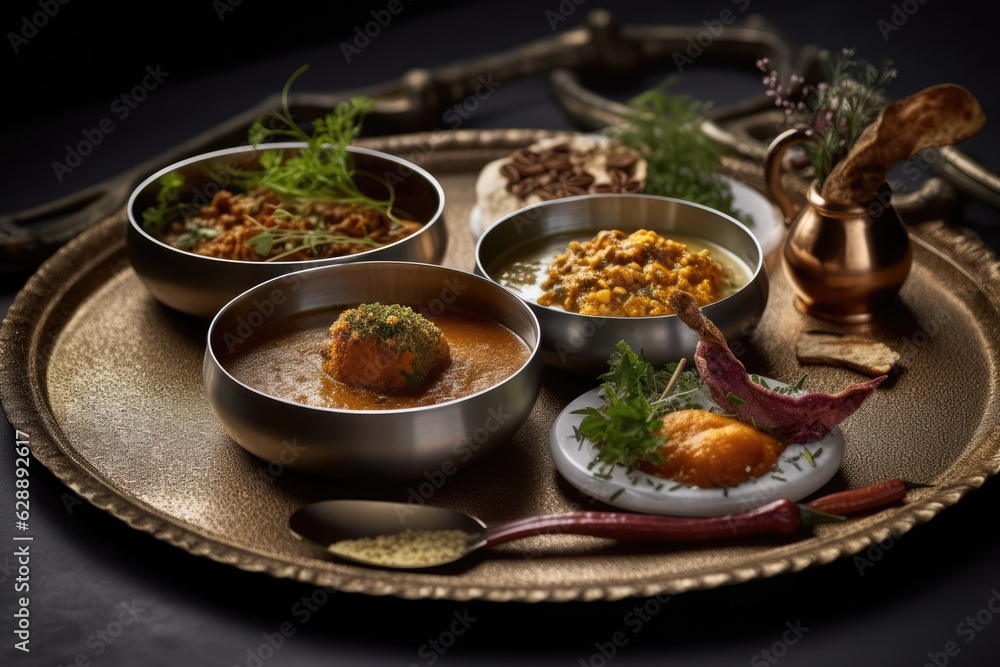 A Variety of Indian Foods Served on a Traditional Tray