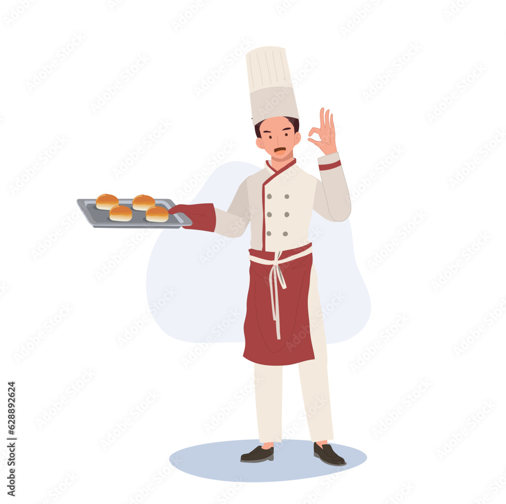 Full Length Smiling, Male Chef Character Giving Ok Hand Sign. chef Giving Approval Gesture. Flat vector cartoon illustration Full Length Smiling, Male Chef Character Giving Ok Hand Sign. chef Giving Approval Gesture. Flat vector cartoon illustration