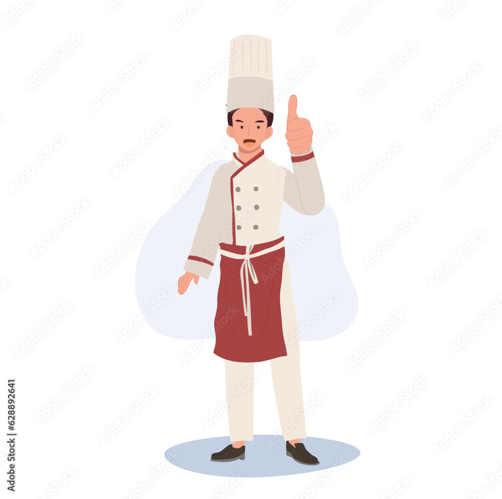 Full Length Smiling Male Chef Character Giving Thumb Up. chef Giving Approval Gesture. Flat vector cartoon illustration Full Length Smiling Male Chef Character Giving Thumb Up. chef Giving Approval Gesture. Flat vector cartoon illustration